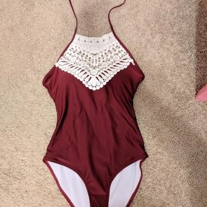 Crochet Lace Insert Halter Swimsuit